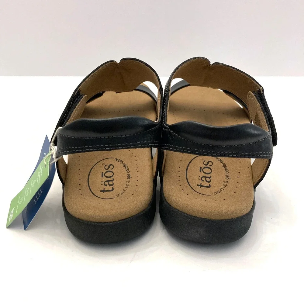 Taos The Show Sandals Black Leather T-Strap Womens 7 Padded Hook & Loop Open Toe